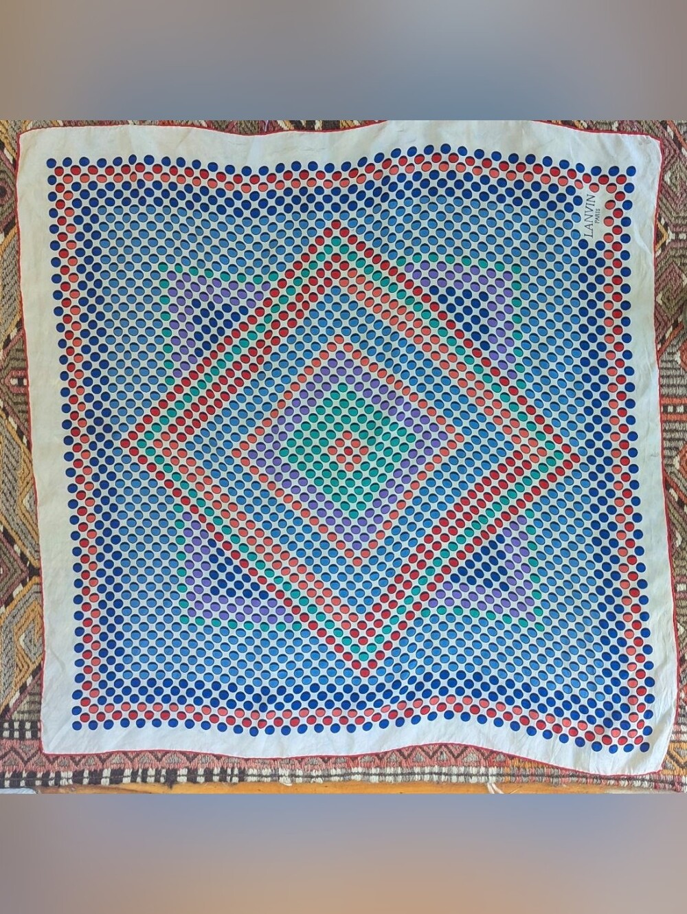 Vintage LANVIN Paris Silk Scarf Geometric Op Art Polka Dot Concentric Square